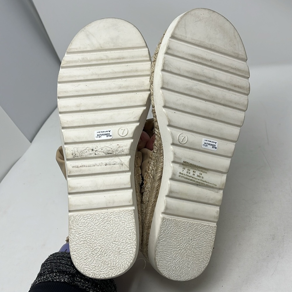 AMERICAN EAGLE ESPADRILLE WEDGE SANDAL VELCRO SLING BACK SOFT VEGAN LEATHER SZ 7 - Picture 10 of 14